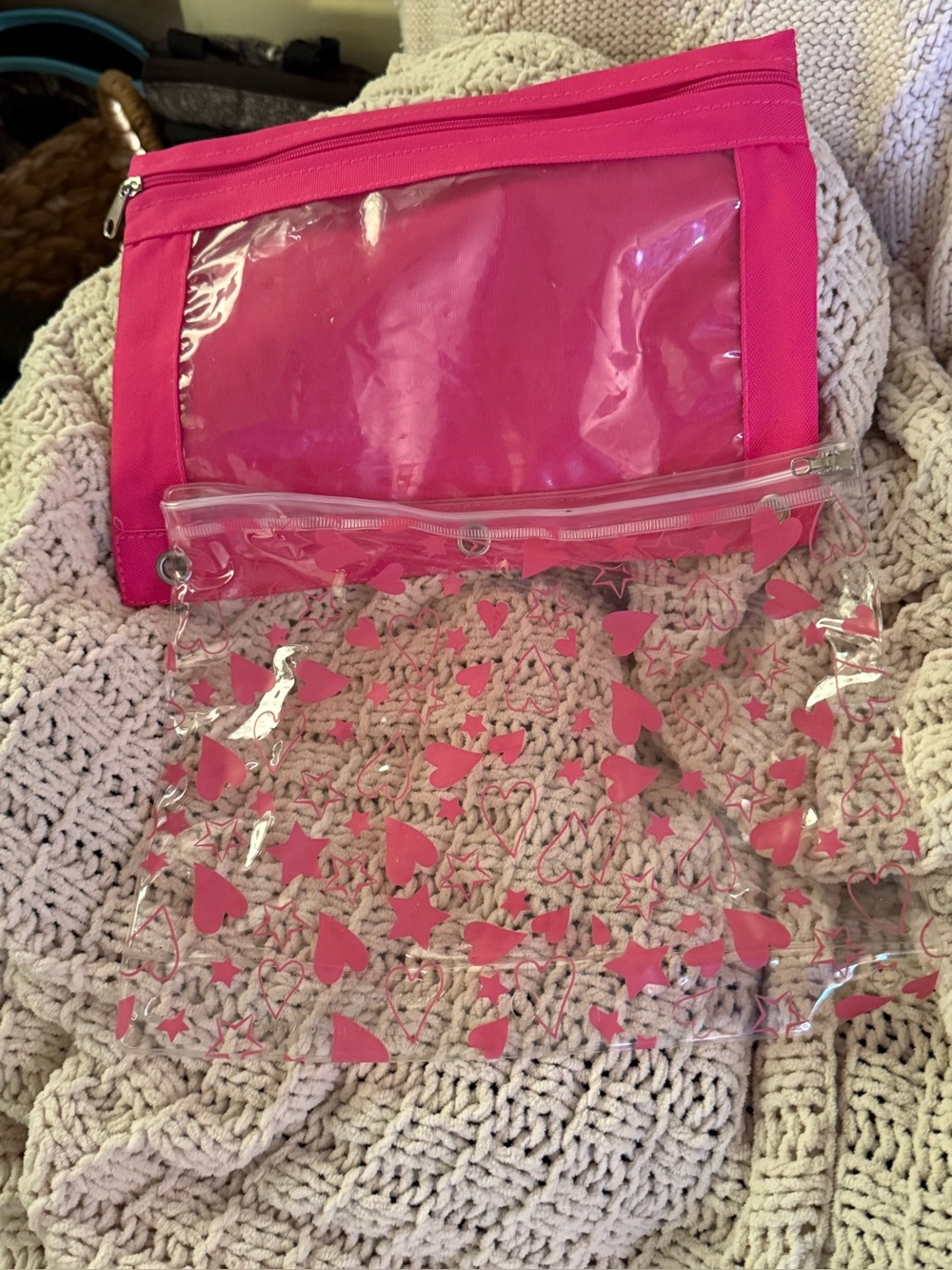 Pink Clear Heart Print Cosmetic Bag Set